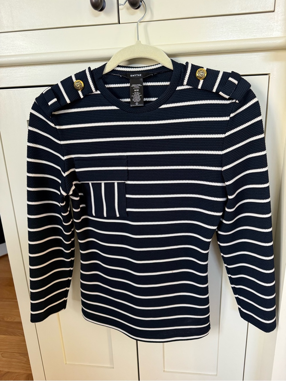 Smythe Navy & White Bretton stripped Long-SleeveTop with Gold Buttons